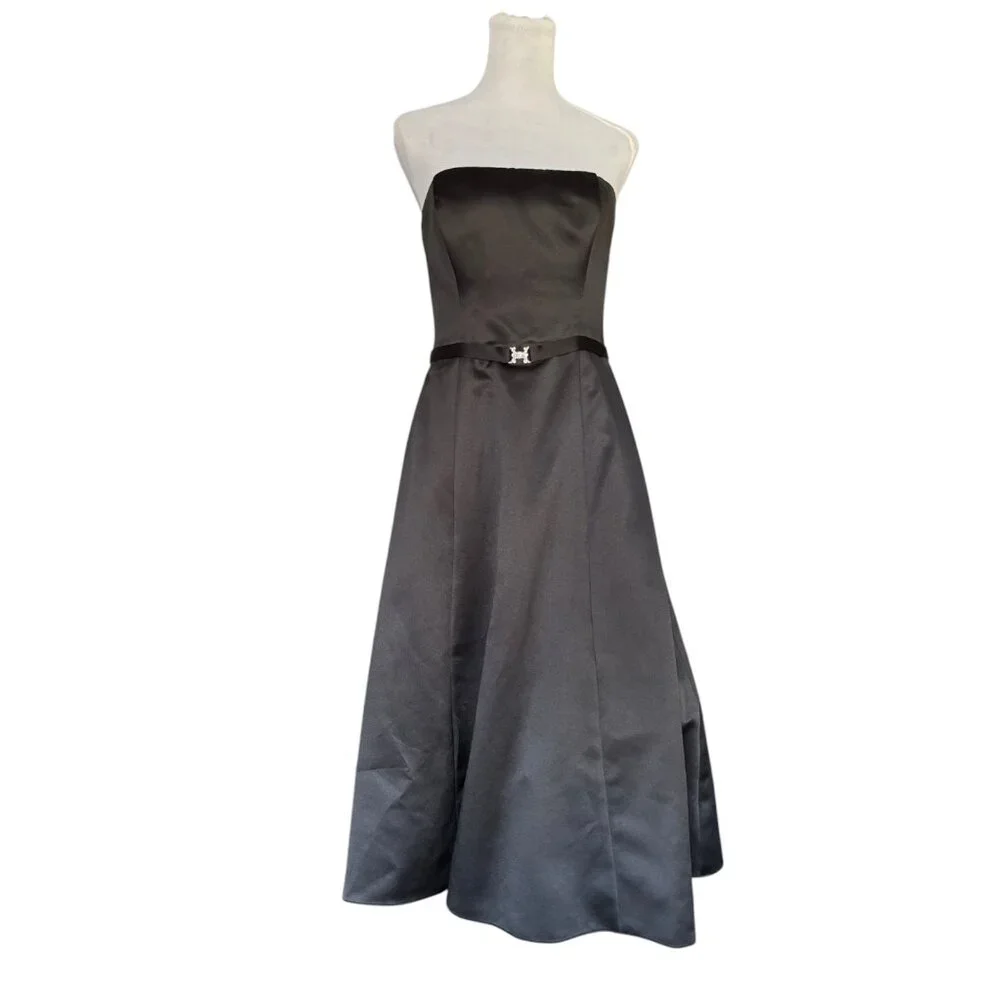 Michaelangelo black satin strapless belted tea length A-Line formal‎ dress sz 8